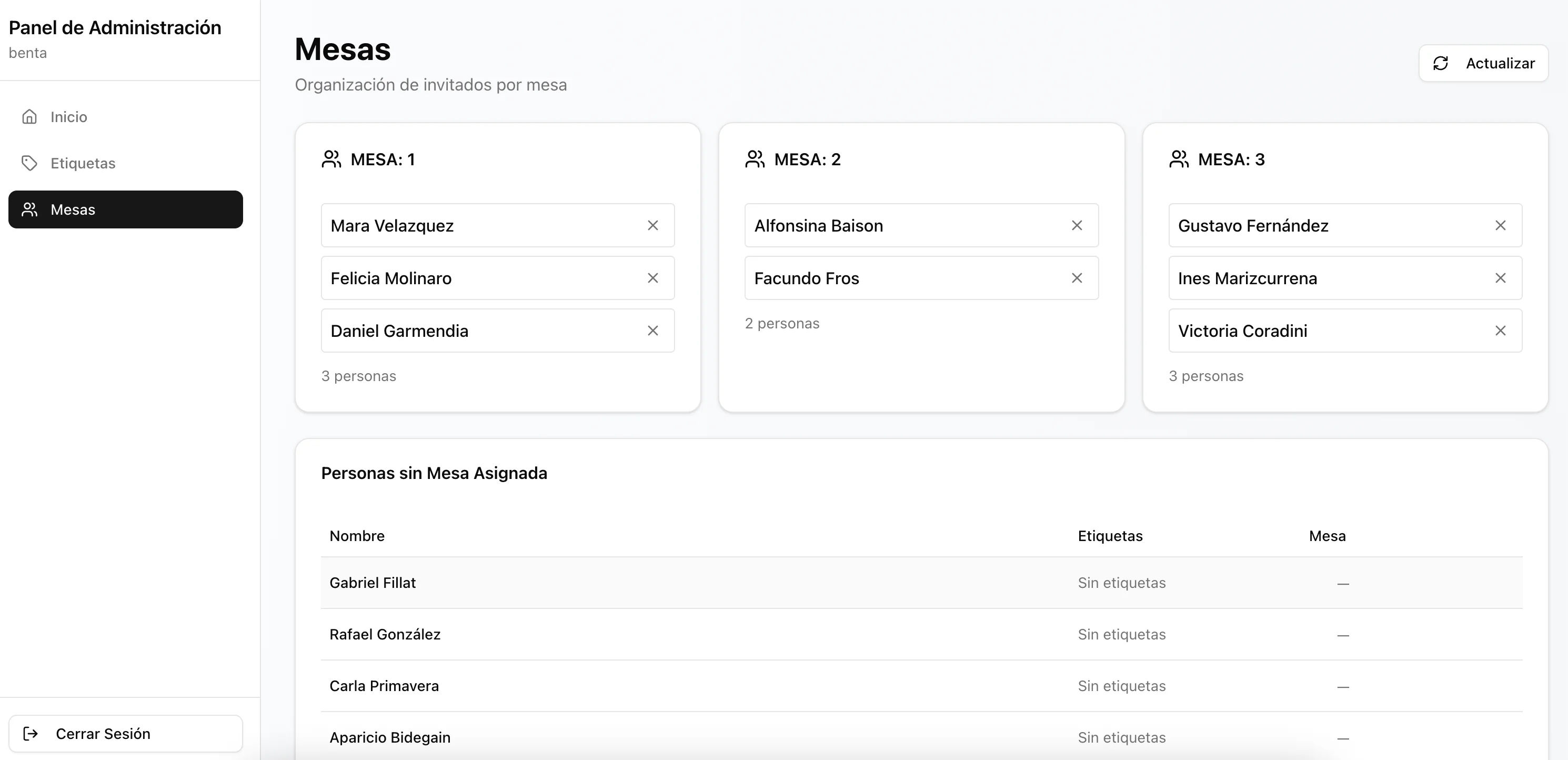 Captura del panel de administración: gestión de mesas
